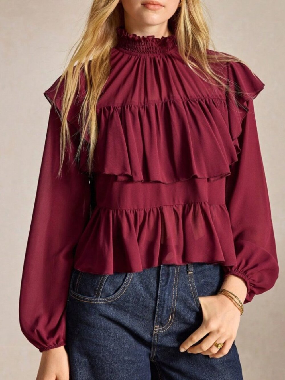 Burgundy Tiered Ruffle Blouse with Smocked Stand Collar